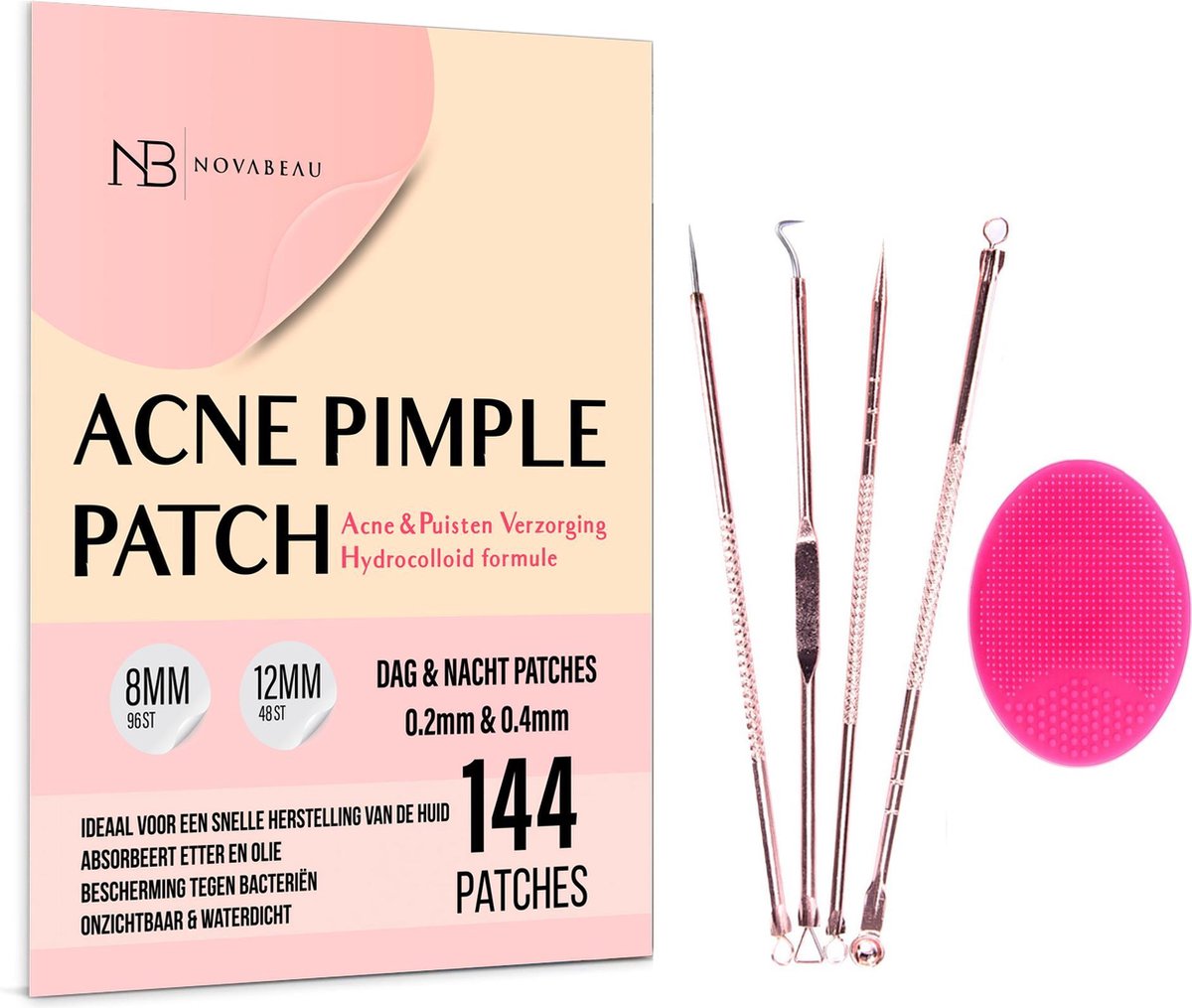 Acne Patches Dag en Nacht met Blackhead Remover Set en Gezichtsborstel - Puisten Verwijderaar - 144 Pleisters in 2 Formaten - Comedonenlepel - Pimple Patch voor Acneverzorging