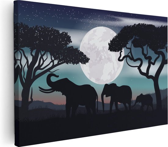 Artaza Canvas Schilderij Olifanten Silhouet Tijdens Volle Maan - 60x40 - Foto Op Canvas - Canvas Print