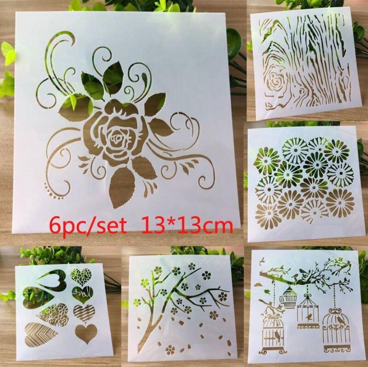 Bullet Journal Plastic Stencils - 6 stuks - Templates - Vogels - Harten - Hearts - Birds - Bloemen - Roos - Mix - Sjablonen - 13 x 13 cm - Handlettering toolkit - Knutselen - Decoratie - Accessoires