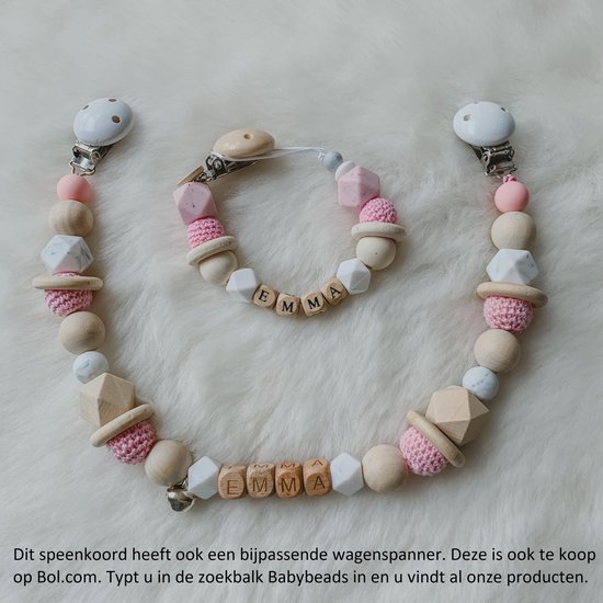 Babybeads - Speenkoord met naam - Lichtroze met wit - Gepersonaliseerd kraamcadeau