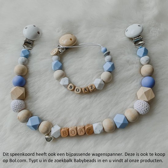 Babybeads - Speenkoord met naam - Wit met lichtblauwe tinten - Gepersonaliseerd kraamcadeau