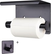 HutsWeb Wc Rolhouder met Plankje – Inclusief Handdoekhaak – Toiletrolhouder – Badkamer Accessoires – 3M Plakstrip of Boren – Zwart