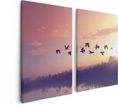 Artaza Canvas Schilderij Tweeluik Silhouet Vogels Tijdens Zonsondergang - 80x60 - Foto Op Canvas - Canvas Print