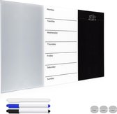 Tableau blanc magnétique Navaris avec marqueur - Avec agenda hebdomadaire - Glas - 40 x 60 cm - Effaçable - Avec marqueurs, aimants et kit de montage - Zwart et blanc