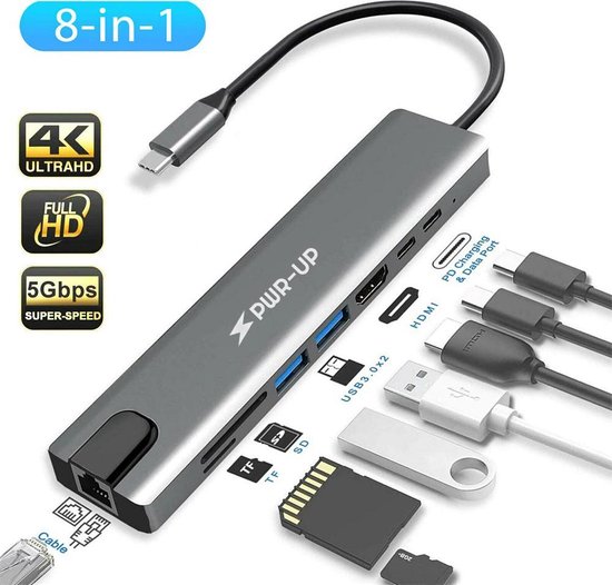 Adaptateur / répartiteur de Hub USB-C PWR-UP 8-en-1 pour tous les appareils  - Câble de... | bol.com