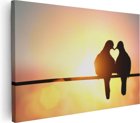 Artaza Canvas Schilderij Twee Silhouet Vogels In Een Hart Vorm - 60x40 - Foto Op Canvas - Canvas Print