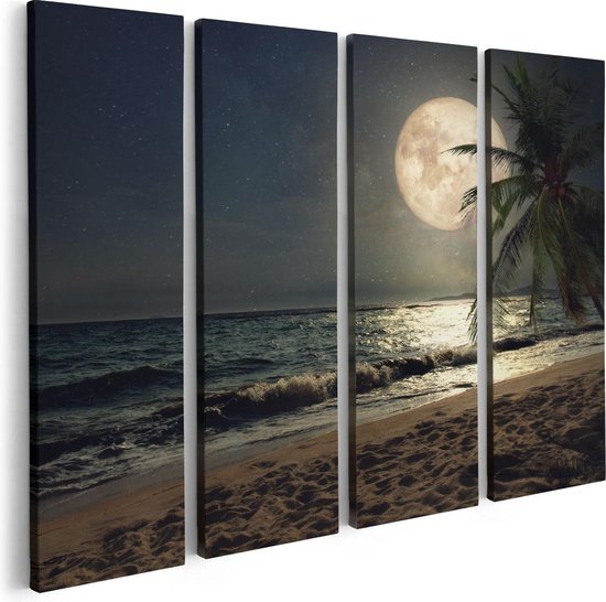 Artaza Canvas Schilderij Vierluik Tropisch Strand In De Nacht Met Volle Maan - 80x60 - Foto Op Canvas - Canvas Print