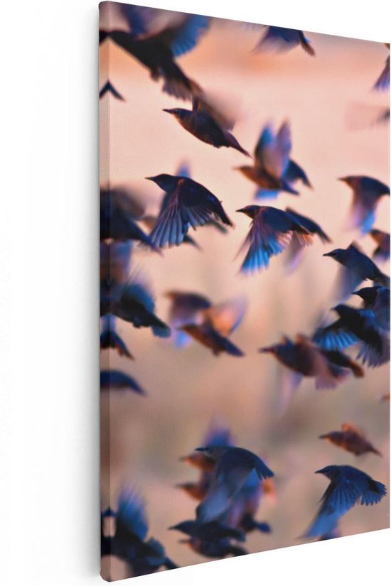 Artaza - Canvas Schilderij - Groep Vliegende Blauwe Spreeuw Vogels - Foto Op Canvas - Canvas Print