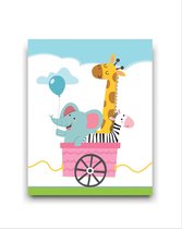 Schilderij  Olifant Zebra Giraf in de Trein - Kinderkamer - Dieren Schilderij - Babykamer / Kinder Schilderij - Babyshower Cadeau - Muurdecoratie - 50x40cm - FramedCity