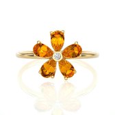 Gouden ring dames, bloem - 14 karaat geelgoud, oranje citrien edelstenen en diamant, kleursteen