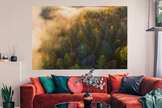 Toile Peinture Forêt - Brouillard - Coucher de Soleil - 150x100 cm - Décoration murale