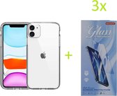 iPhone 11 Hoesje Transparant TPU Siliconen Soft Case + 3X Tempered Glass Screenprotector