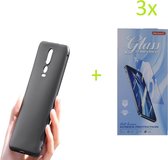OnePlus 6T / 7 TPU Silicone rubberen hoesje + 3 Stuks Tempered screenprotector - zwart