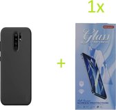hoesje Geschikt voor: Xiaomi Redmi 9 TPU Silicone rubberen + 1 stuk Tempered screenprotector - zwart