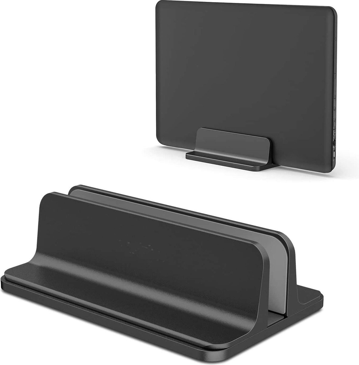 Verticale Laptop Standaard - Laptop Houder - Verticaal - In breedte Verstelbaar- Aluminium - Geschikt voor elke Laptop en Macbook - Zwart