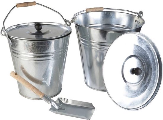 ReWu stalen emmer ascheeimer multifunctionele emmer ovaal met deksel voor hete gloeiende resten en as - maat 15 liter - kolenemmer schoorsteenemmer in mat zwart