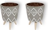 Set van 2 WLplants Luxe Bloempotten op houten voet Ø7 - Grijs - Hoogte ongeveer 10 cm - Keramische sierpotten met hoogwaardige afwerking - Geschikt als plantenpot - Binnen en buiten te gebrui