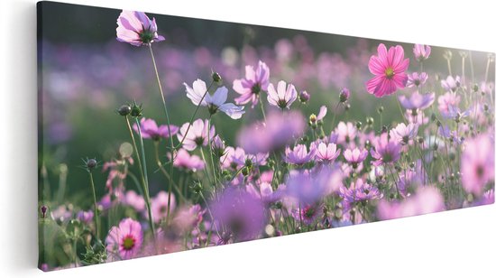 Artaza Canvas Schilderij Bloemenveld Met Paarse Kosmos  - 120x40 - Groot - Foto Op Canvas - Canvas Print