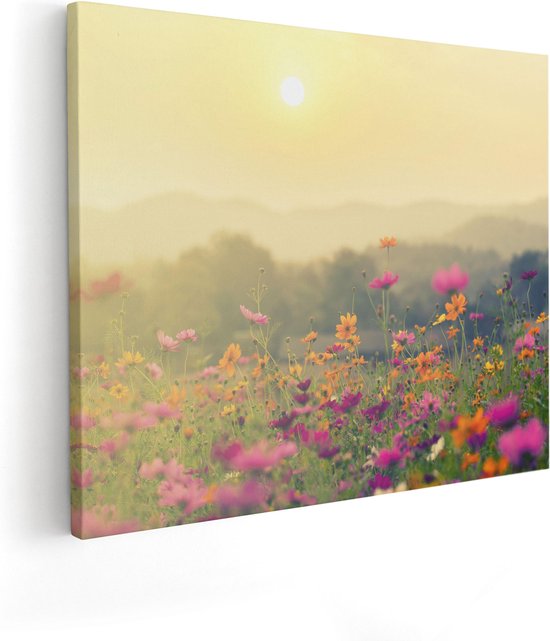 Artaza Canvas Schilderij Bloemenveld Met Kosmos - Zonsondergang - 50x40 - Foto Op Canvas - Canvas Print