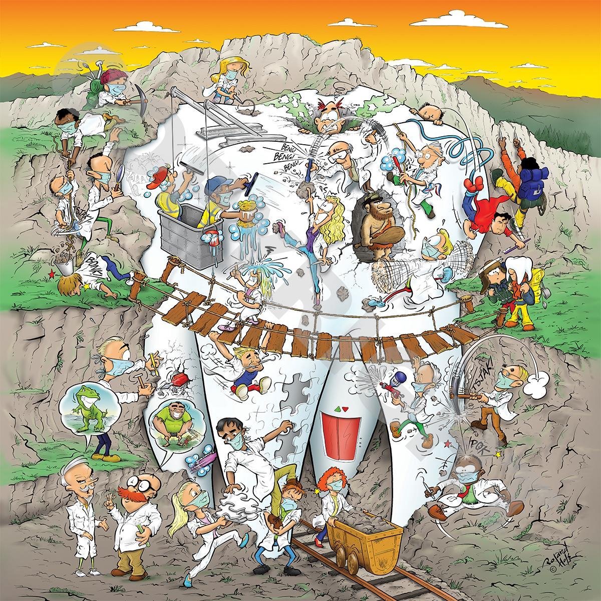 Cartoon plafondplaat - Poster - Roland Hols - Kies - 60 x 60 cm - Forex 5 mm dik - Tandarts - Orthodontist - Mondhygiënist - voor boven de behandelstoel