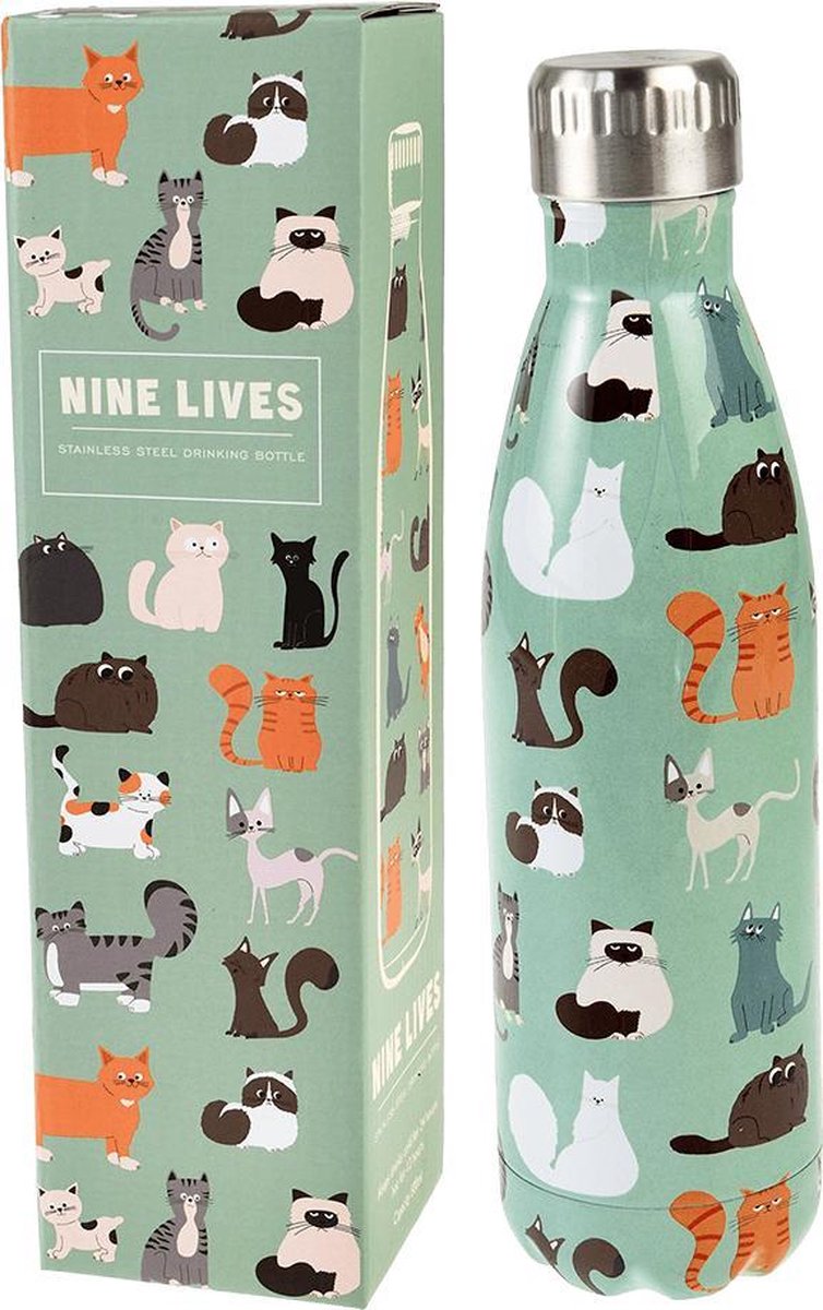NINE LIVES - STAINLESS STEEL DRINKING BOTTLE - 500ML - REX LONDON - DRINKFLES - CATS