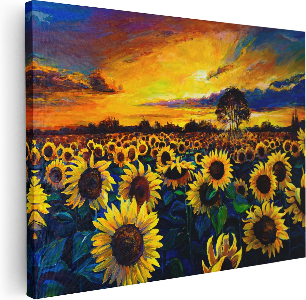 Artaza Canvas Schilderij Getekende Zonnebloemen Veld Met Olieverf - 80x60 - Foto Op Canvas - Canvas Print