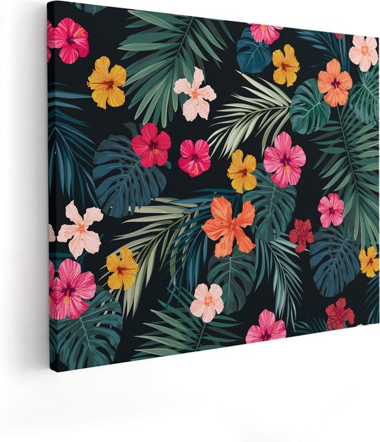 Artaza Canvas Schilderij Getekende Tropische Bloemen - Abstract - 100x80 - Groot - Foto Op Canvas - Canvas Print