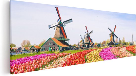 Artaza Canvas Schilderij Kleurrijke Tulpen Bloemenveld - Windmolen - 60x20 - Foto Op Canvas - Canvas Print