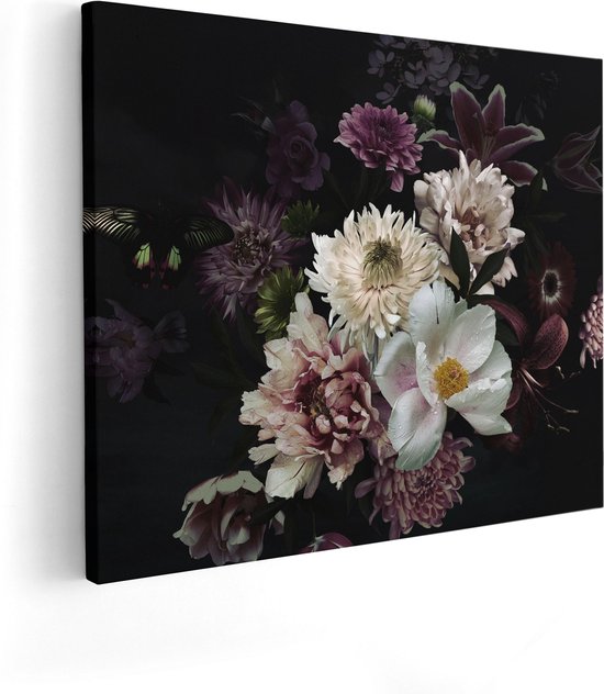 Artaza Canvas Schilderij Diverse Bloemen Op Zwart Achtergrond - 100x80 - Groot - Foto Op Canvas - Canvas Print