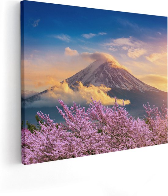 Artaza Canvas Schilderij Fuji Berg Met Roze Bloesembomen - Bloemen - 100x80 - Groot - Foto Op Canvas - Canvas Print