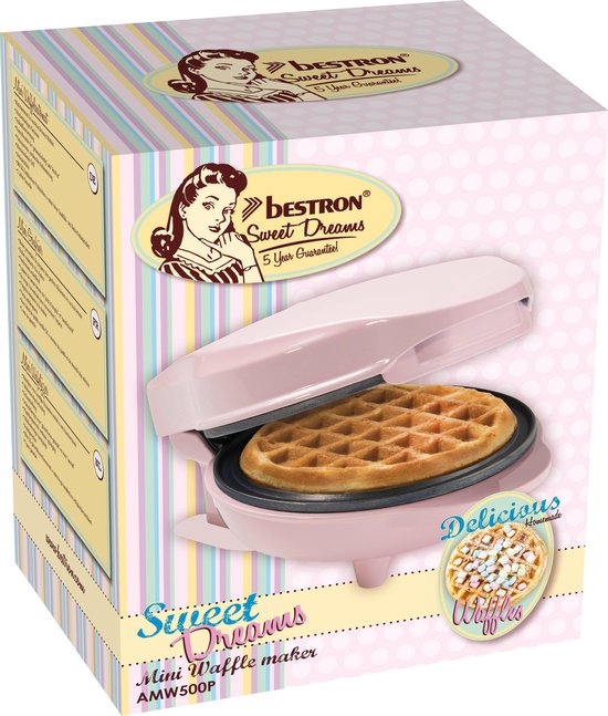 Roze Bestron 'Sweet Dreams' mini wafelijzer verpakking met afbeelding van wafel en vrouw.
