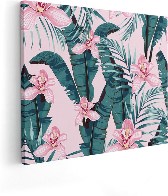 Artaza Canvas Schilderij Tropische Roze Zomer Bloemen Met Bladeren - 50x40 - Foto Op Canvas - Canvas Print