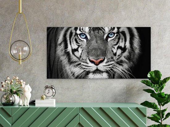 Artaza Peinture Sur Toile Tête De Tigre Aux Yeux Bleus - Zwart Wit - 60x30 - Tableau Sur Toile - Impression Sur Toile