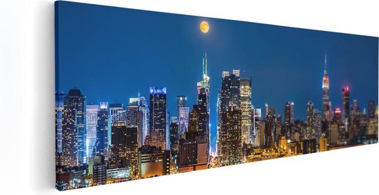 Artaza Canvas Schilderij Verlichte Skyline Van New York Met Volle Maan - 120x40 - Groot - Foto Op Canvas - Canvas Print