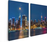 Artaza Canvas Schilderij Tweeluik Verlichte Skyline Van New York Met Volle Maan - 80x60 - Foto Op Canvas - Canvas Print