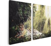 Artaza Canvas Schilderij Tweeluik Tijger In De Jungle Met Zonneschijn - 80x60 - Foto Op Canvas - Canvas Print