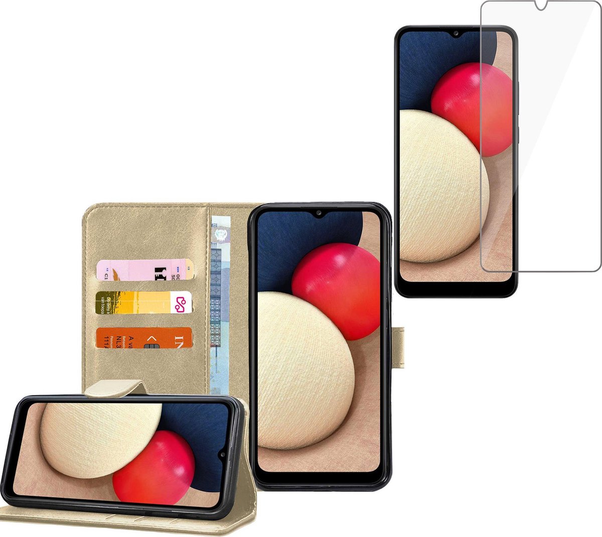 Hoesje geschikt voor Samsung Galaxy A02s - Screenprotector Glas - Book Case Portemonnee Hoesje Goud