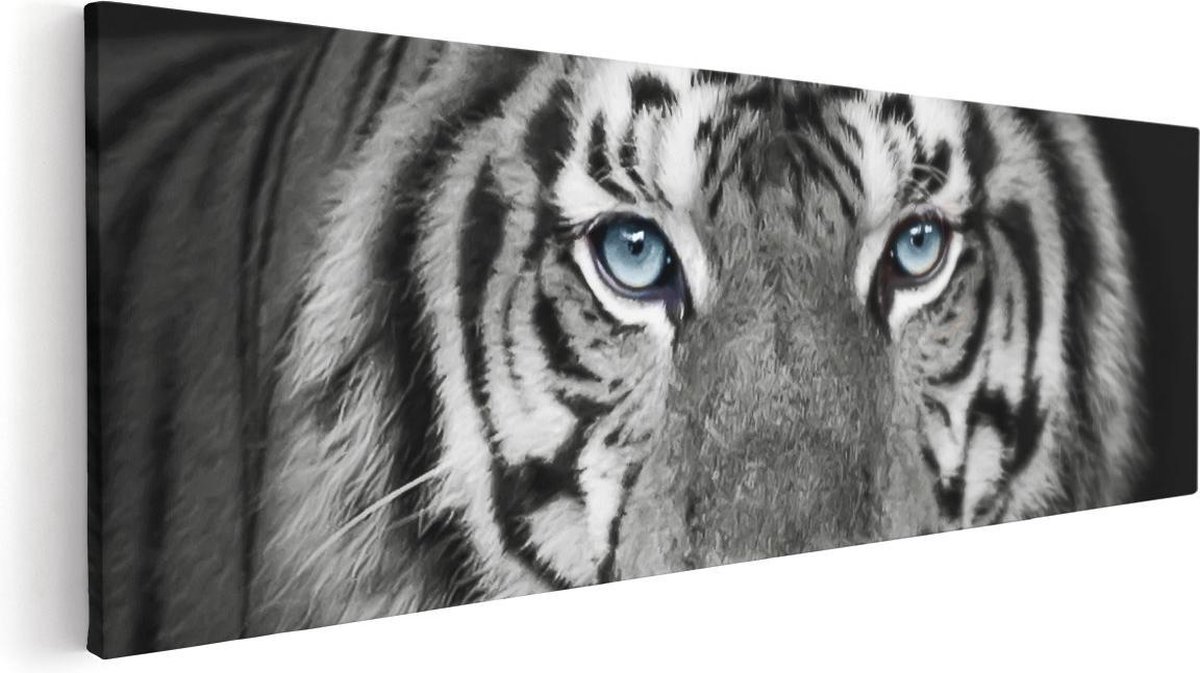 Artaza Canvas Schilderij Tijgerkop Met Blauwe Ogen - Zwart Wit - 90x30 cm - Wanddecoratie Woonkamer - Schilderijen - Muurdecoratie