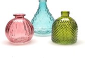 Cactula set van 3 glazen vaasjes / flesjes / kandelaren Blauw Roze Groen