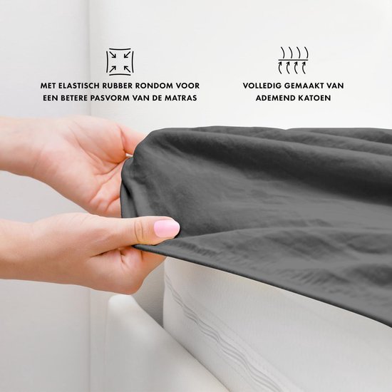 Drap-housse anthracite avec élastique sur tout le pourtour, étiré sur un matelas