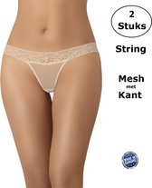 Teyli Dames String van Mesh Stof met Kant - 2 Pack - Beige L