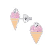 Joy|S - Zilveren ijsje oorbellen - 7 x 11 mm - roze glitter met kristal