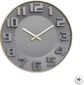 Wandklok 3D met reliëf cijfers grijs en goudkleurige rand D. 30 cm