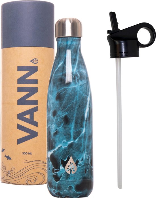 Bouteille d'eau avec paille et bec verseur bouteille de sport 500ml - Bouteille d'eau - VANN bouteille thermos  - Bleu marbré