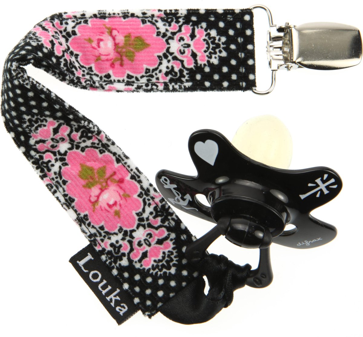 Louka Speenkoord zwart wit roosje - speenketting Louka Speenkoord zwart wit roosje - speenketting