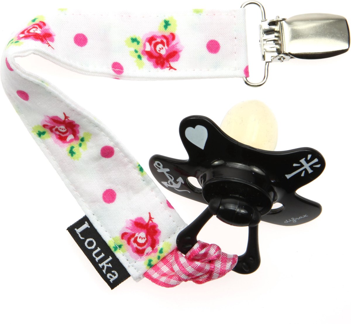 Goedkoopste Louka Speenkoord wit met roze stip en roosje - speenketting