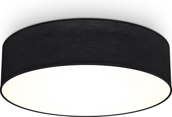 Plafonnier rond noir en tissu éclairé sur fond blanc.