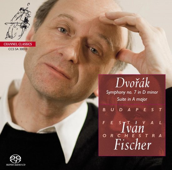 Portrait d'un homme la main sur le front, avec le texte "Dvořák Symphony no. 7 in D minor Suite in A major Budapest Festival Ivan Fischer Orchestra".