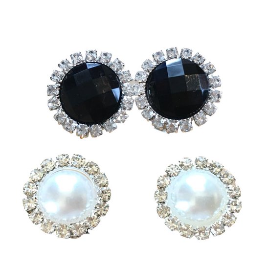 2 Paar-Clip -oorbellen- Zwart en Wit parel -Kunststof- 1.5 cm-Geen gaatje-Charme Bijoux