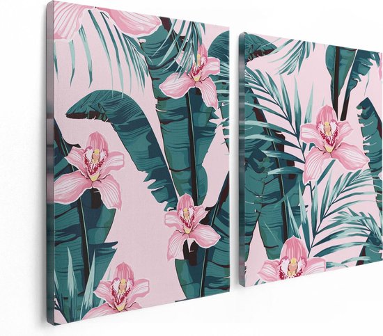 Artaza Canvas Schilderij Tweeluik Tropische Roze Zomer Bloemen Met Bladeren - 120x80 - Foto Op Canvas - Canvas Print